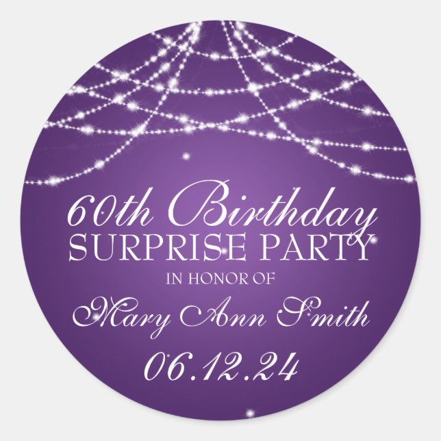 Surprise Birthday Party String of Stars Purple Classic Round Sticker (Front)
