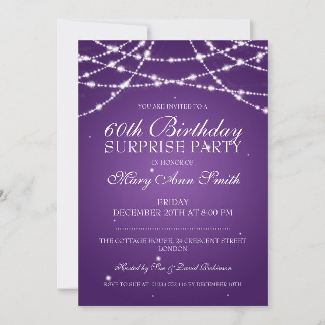 Surprise Birthday Party String of Stars Purple Invitation (Front)