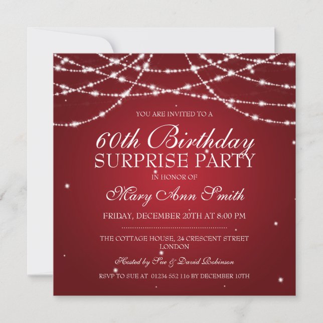 Surprise Birthday Party String of Stars Red Invitation (Front)