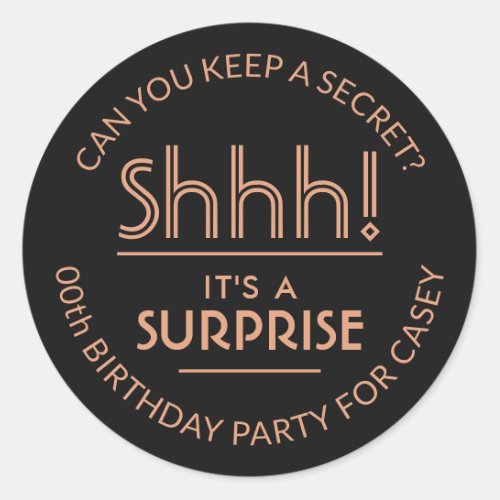 Surprise Birthday Party Stylish Copper and Black Classic Round Sticker