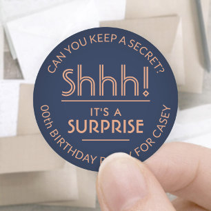 Surprise Birthday Party Stylish Copper & Navy Blue Classic Round Sticker