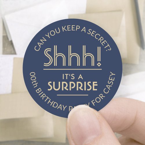 Surprise Birthday Party Stylish Navy Blue and Gold Classic Round Sticker