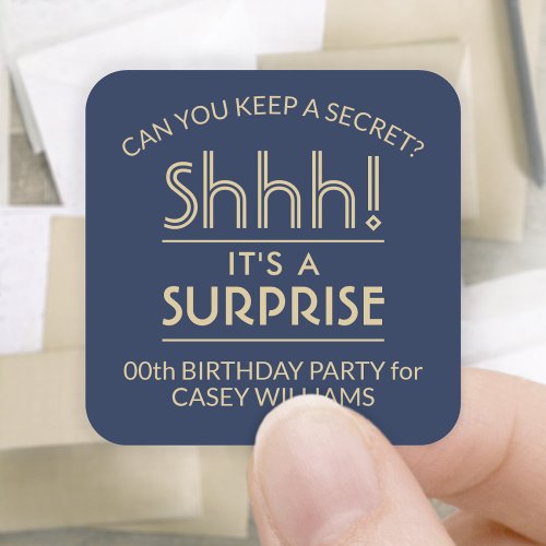 Surprise Birthday Party Stylish Navy Blue and Gold Square Sticker