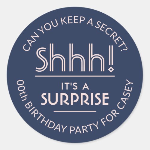 Surprise Birthday Party Stylish Navy Blue and Pink Classic Round Sticker