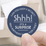 Surprise Birthday Party Stylish Navy Blue & White Classic Round Sticker<br><div class="desc">Add an elegant personalized touch to surprise birthday party invitations, decorations, and favors with stylish custom navy blue and white stickers / envelope seals. All text on these labels is simple to customize for any year birthday or for another occasion, such as a wedding anniversary, retirement, or going away party....</div>
