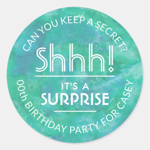 Surprise Birthday Party Teal  White Watercolor Classic Round Sticker