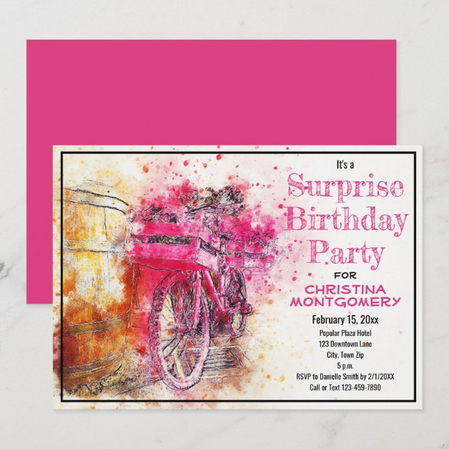 Surprise Birthday Party Watercolor Bicycle Custom Invitation (Front/Back)