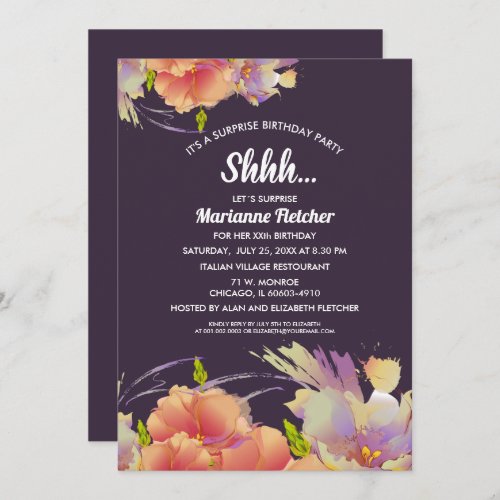 Surprise Birthday Party Watercolor Floral Invites