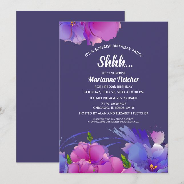 Surprise Birthday Party. Watercolor Floral Invites (Front/Back)