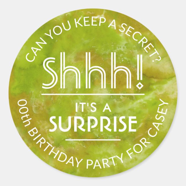 Surprise Birthday Party Yellow Green Watercolor Classic Round Sticker (Front)