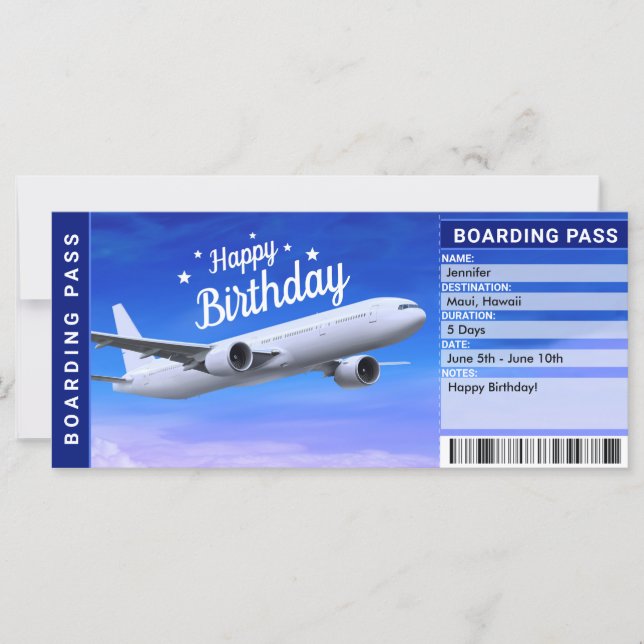 Surprise Birthday Plane Boarding Pass Gift Ticket (Front)