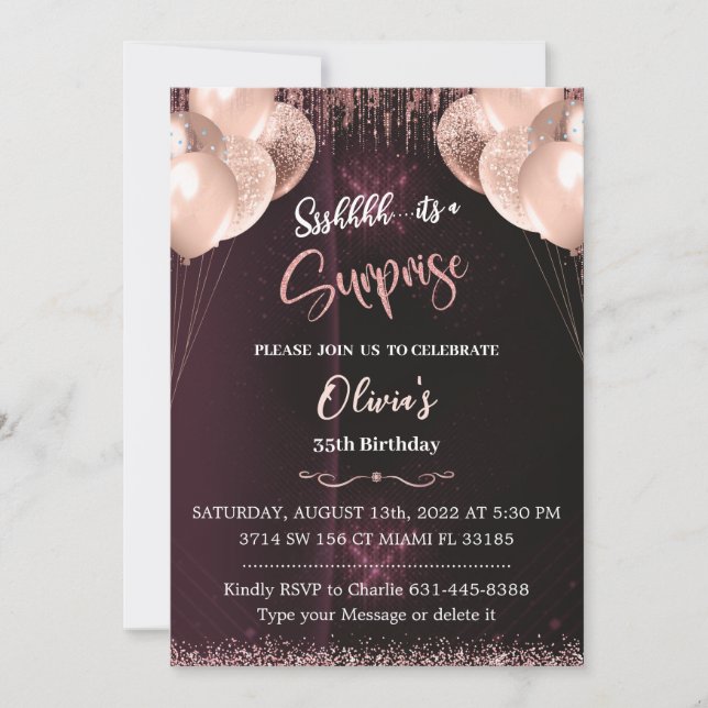 Surprise Birthday Rose Gold Invitation for Adults  (Front)