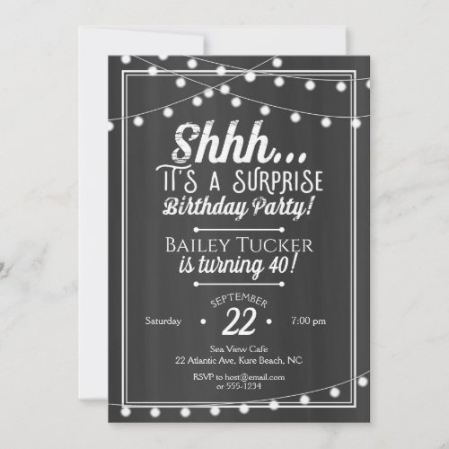 Surprise Birthday String Lights on Chalkboard Invitation