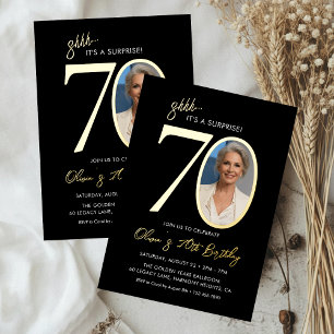Surprise Black and Gold 70th Birthday Party Photo Foil Invitation