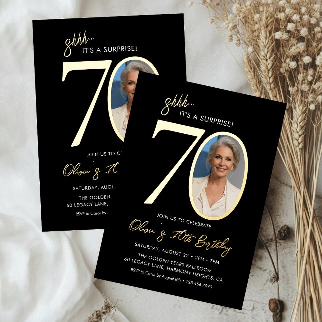 Surprise Black and Gold 70th Birthday Party Photo Foil Invitation (Creator Uploaded)
