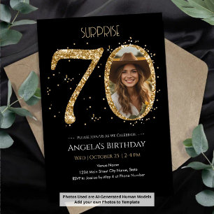 Surprise black and Gold Glitter 70th Birthday Invitation