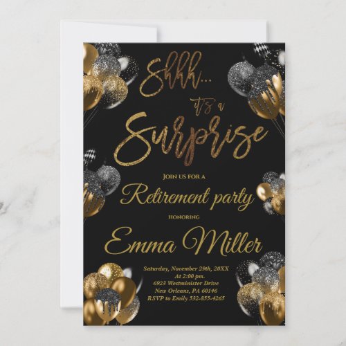 Surprise Black and Gold Retirement Party Invitation