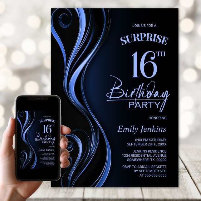 Surprise Black Blue 16th Birthday Party Invitation (Creator Uploaded)