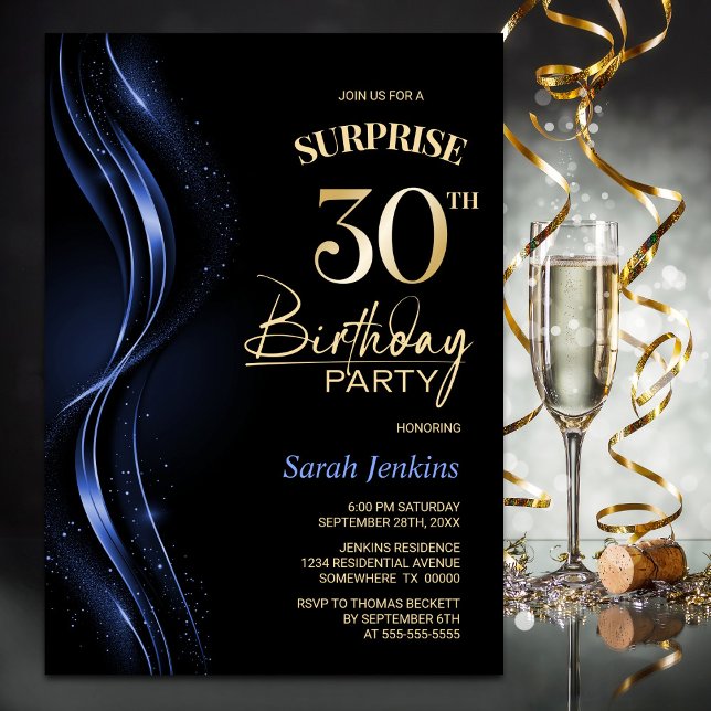 Surprise Black Blue 30th Birthday Party Invitation (Creator Uploaded)