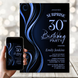 Surprise Black Blue 30th Birthday Party Invitation
