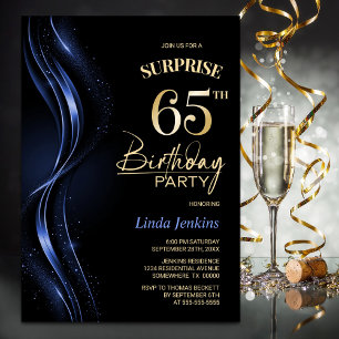 Surprise Black Blue 65th Birthday Party Invitation