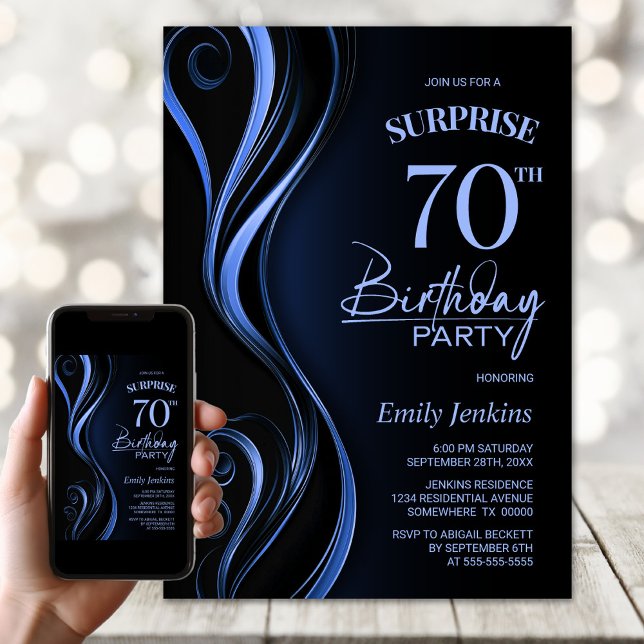 Surprise Black Blue 70th Birthday Party Invitation (Creator Uploaded)