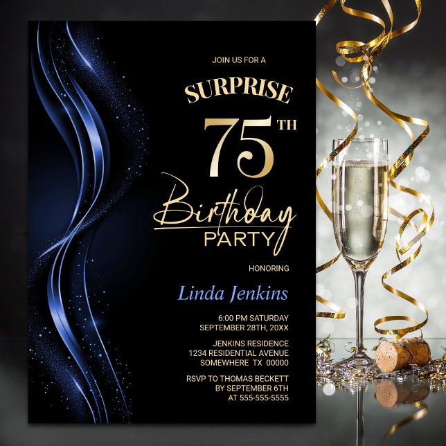 Surprise Black Blue 75th Birthday Party Invitation (Creator Uploaded)