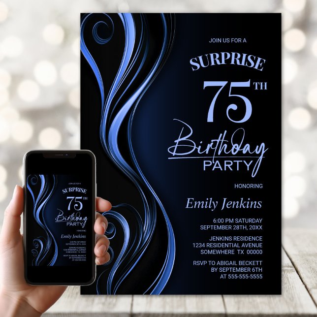 Surprise Black Blue 75th Birthday Party Invitation (Creator Uploaded)