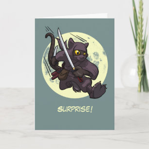 Surprise! Black Cat Ninja Flying Kick Cartoon Card
