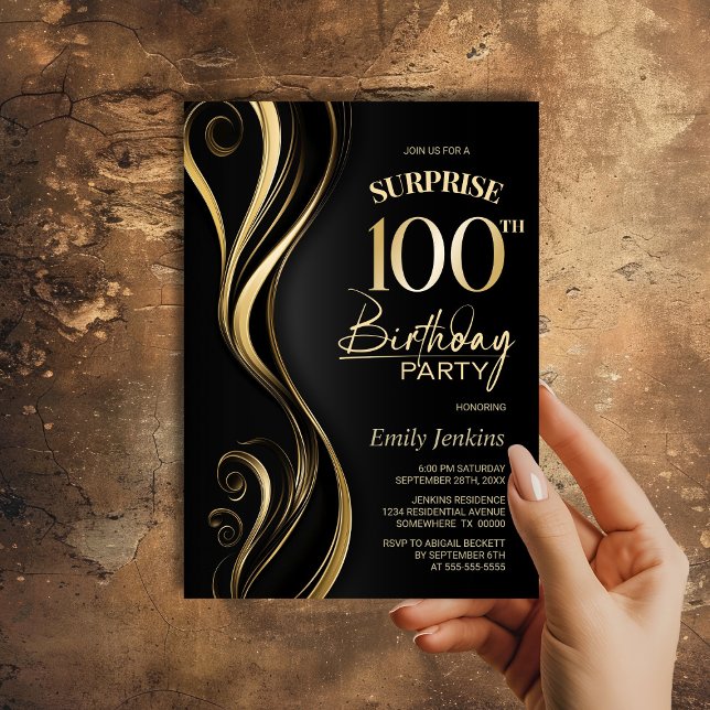 Surprise Black Gold 100th Birthday Party Invitation (Creator Uploaded)