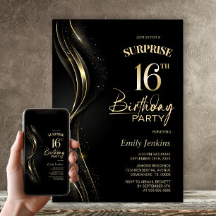 Surprise Black Gold 16th Birthday Party Invitation