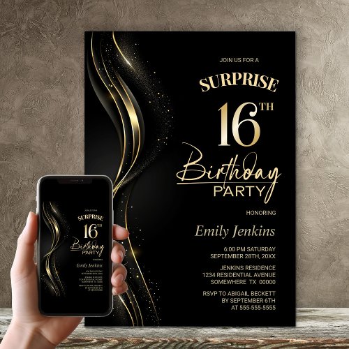 Surprise Black Gold 16th Birthday Party Invitation