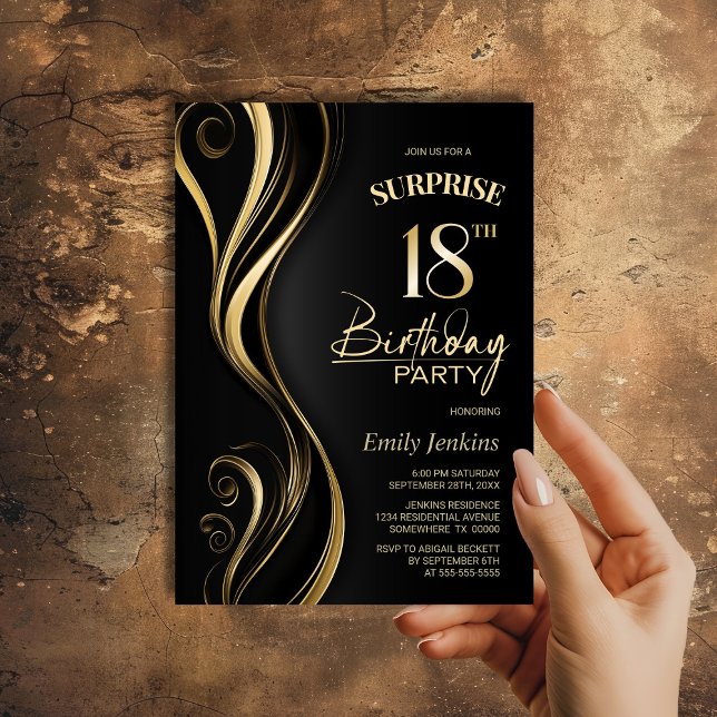 Surprise Black Gold 18th Birthday Party Invitation (Creator Uploaded)