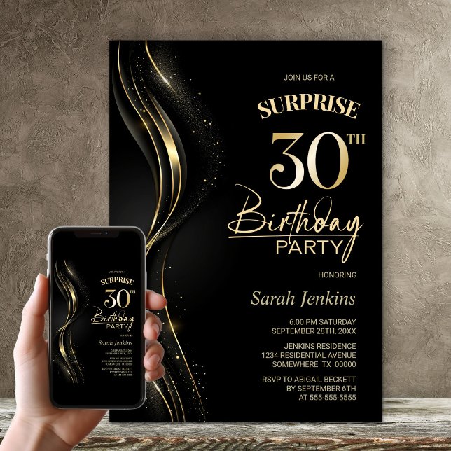 Surprise Black Gold 30th Birthday Party Invitation (Creator Uploaded)