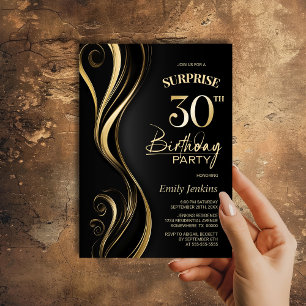 Surprise Black Gold 30th Birthday Party Invitation