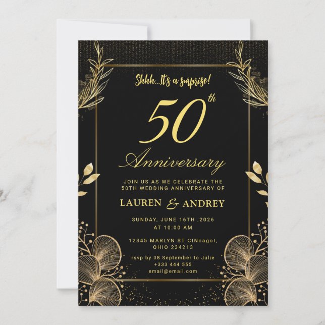 Surprise Black & Gold 50th Wedding Anniversary Invitation (Front)