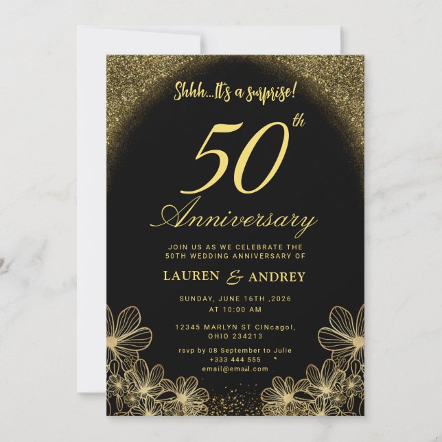 Surprise Black & Gold 50th Wedding Anniversary Invitation (Front)