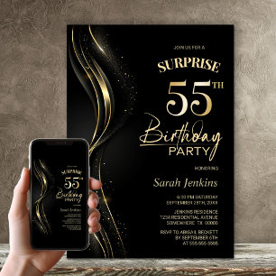 Surprise Black Gold 55th Birthday Party Invitation