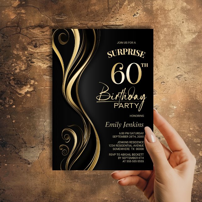 Surprise Black Gold 60th Birthday Party Invitation (Creator Uploaded)