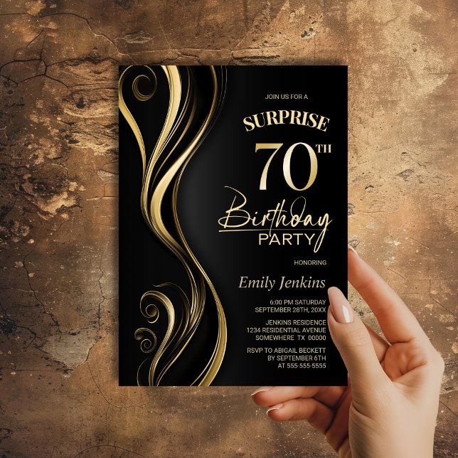 Surprise Black Gold 70th Birthday Party Invitation (Creator Uploaded)
