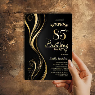 Surprise Black Gold 85th Birthday Party Invitation