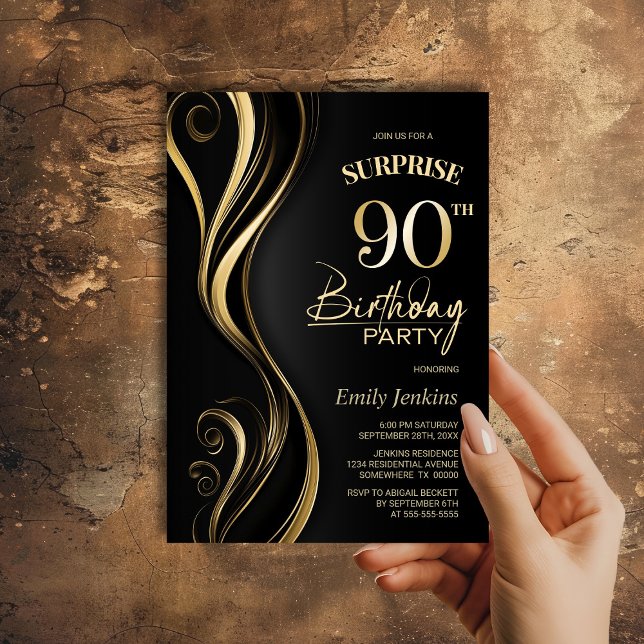Surprise Black Gold 90th Birthday Party Invitation (Creator Uploaded)