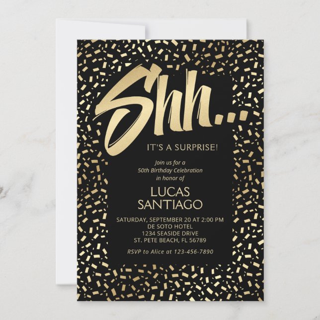Surprise Black Gold Confetti Birthday Invitation (Front)