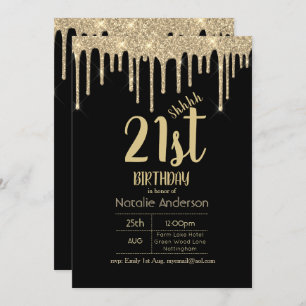 SURPRISE Black Gold Dripping Glitter 21st Invitation