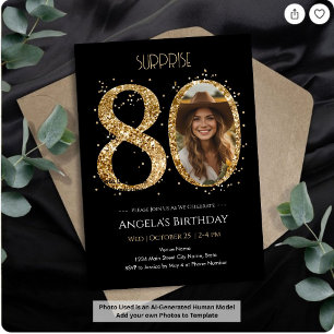 Surprise black Gold Glitter 80th Birthday Photo Invitation