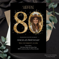 Surprise black Gold Glitter 80th Birthday Photo