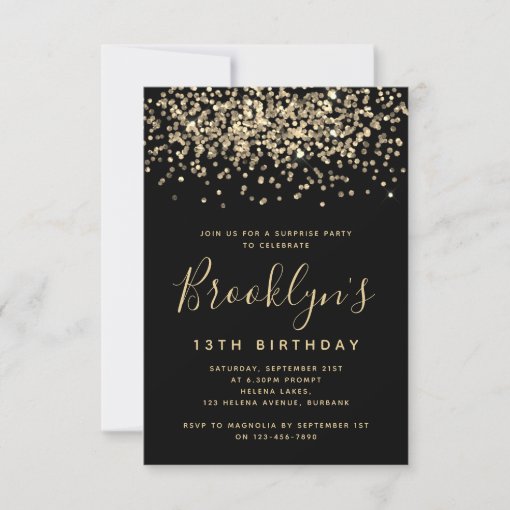 Surprise Black Gold Glitter Birthday Invitation | Zazzle