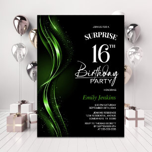 Surprise Black Green 16th Birthday Party Invitation