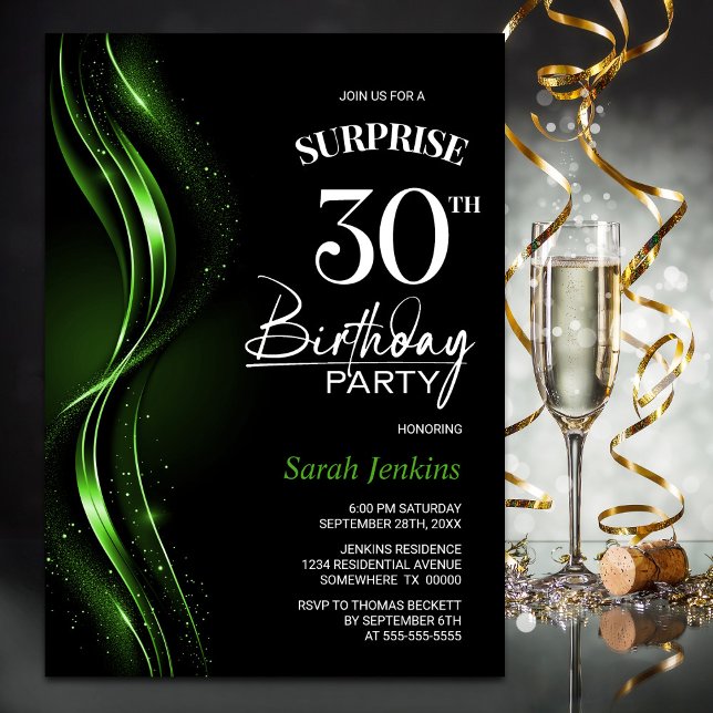 Surprise Black Green 30th Birthday Party Invitation (Creator Uploaded)