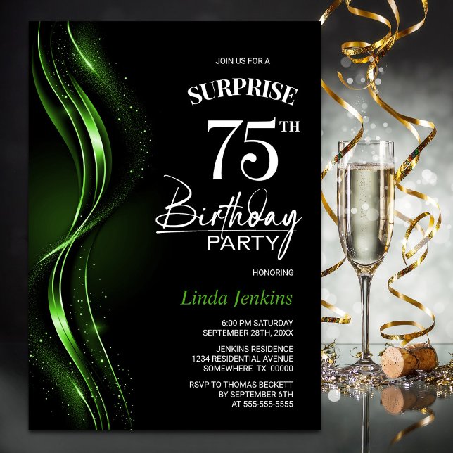 Surprise Black Green 75th Birthday Party Invitation (Creator Uploaded)